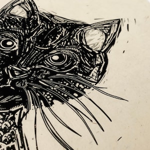 Peeking cat, kitten Lino style print, handmade paper, simple, animal lover print. cute animals, animal illustration, nature, cat lady art