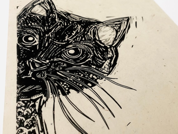 Peeking cat, kitten Lino style print, handmade paper, simple, animal lover print. cute animals, animal illustration, nature, cat lady art