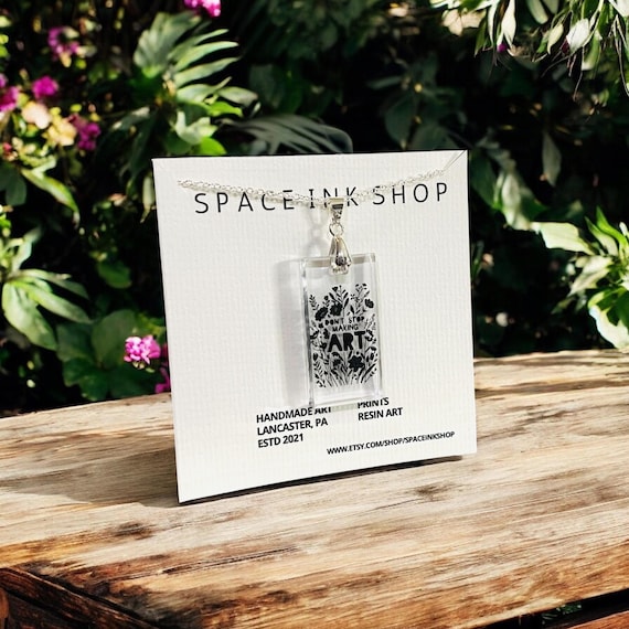 Art resin necklace, Clear Epoxy Resin Rectangle Pendant, Resin Pendant, Rectangle art Charm, linocut inspired pendant, art in resin, unique