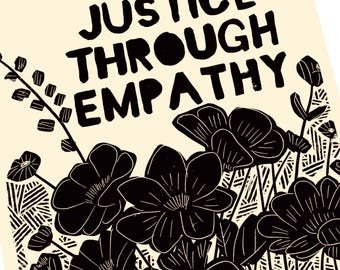 justice through empathy, Lino style illustration,  block style print, floral, hope in the dark, hope mental health, compassion matters