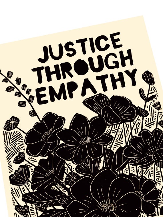 justice through empathy, Lino style illustration,  block style print, floral, hope in the dark, hope mental health, compassion matters