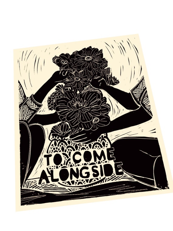 To come alongside, therapy poster, helping others,Community, Lino style illustration, block style print. Friendship, together