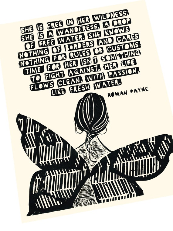 Roman Payne quote, art for change, feminist, feminism, butterfly , ethnic art, coming of age, freedom, free block print, relief print, desi