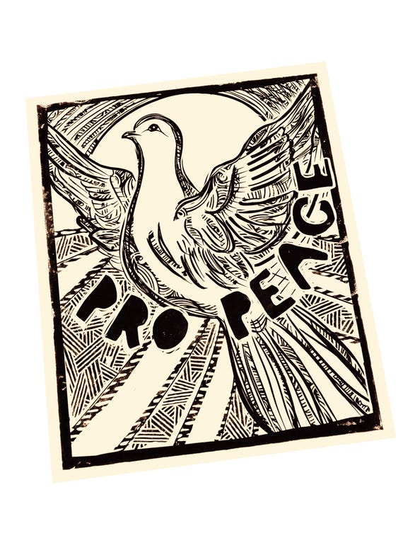 Choose peace, Pro peace. Lino style print,  block style print, activism, dove, simple monochromatic print, floral illustration, unique gift