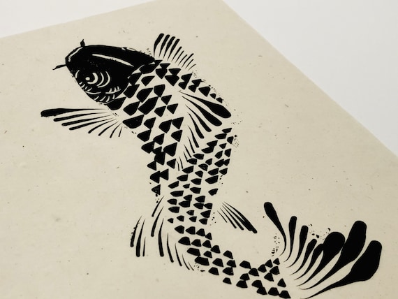Japanese koi fish print,  Lino style print, handmade, simple, relief print. fish block print, nature, black bird, animal illustration