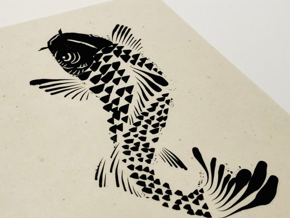 Japanese koi fish print,  Lino style print, handmade, simple, relief print. fish block print, nature, black bird, animal illustration