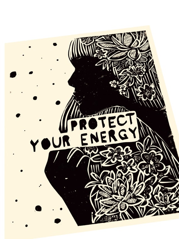 Protect your energy print, block style print, hands, feminism, woman, lino style print, florals, primitive, minimalist