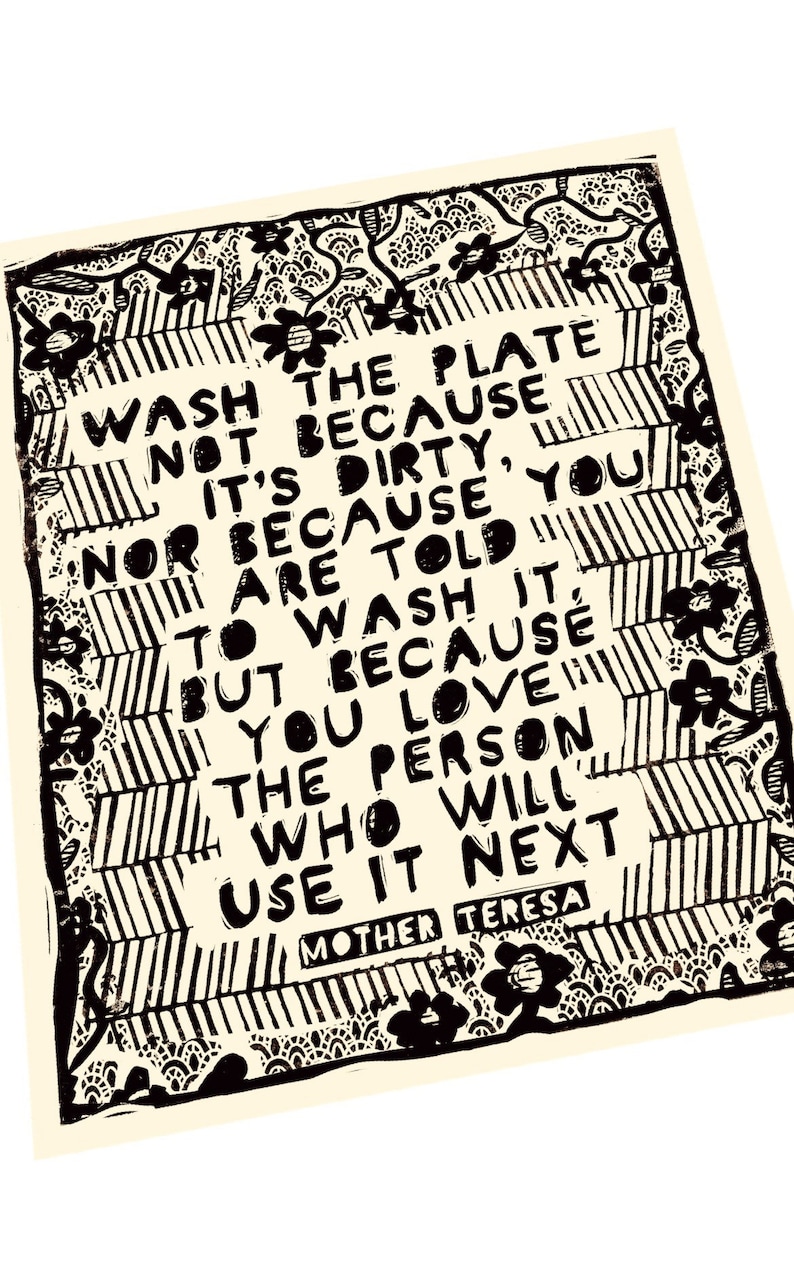 Wash the plate because quote, social change, activism, Lino style illusratio,, block style print, Mother Teresa quote, together, community. image 4