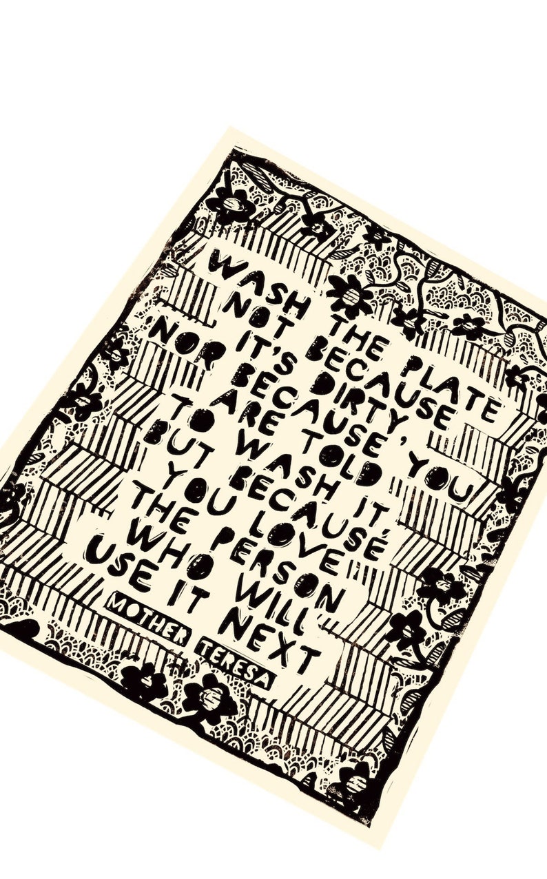 Wash the plate because quote, social change, activism, Lino style illusratio,, block style print, Mother Teresa quote, together, community. image 2