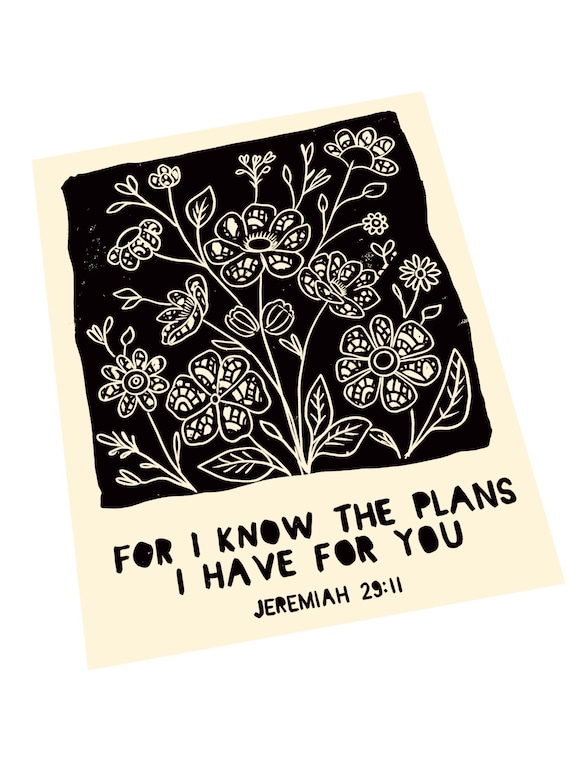For I know the plans I have for you, bible verse, Jeremiah 29:11, floral  lino print, lino style art, illustration, bold, simple