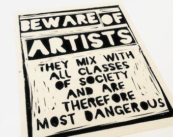 Pas op voor artiesten. Illustratie in linostijl, kunstactivisme. blokstijldruk, poster, samen, verzet, activisme, feminisme, sociale rechtvaardigheid, BLM