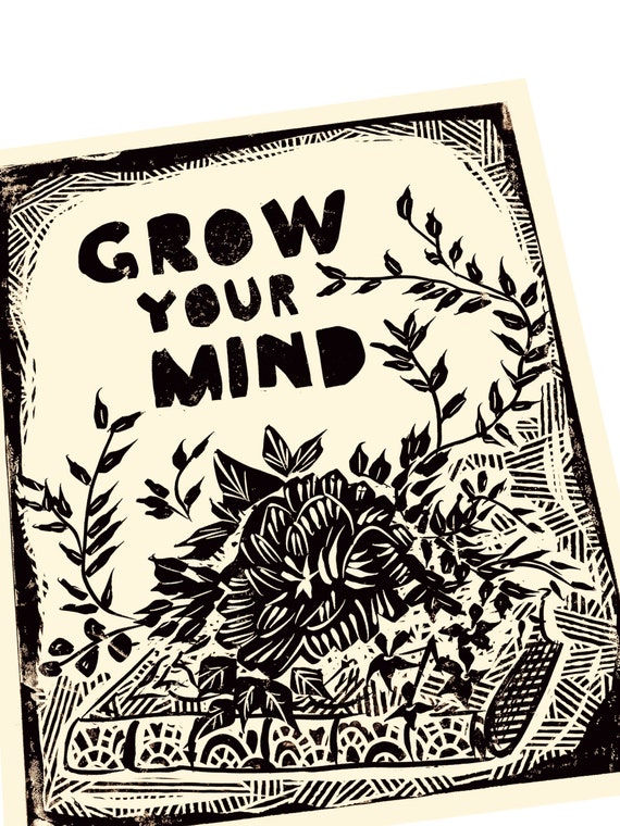 Grow your mind. Lino style illusration. poster style wall hanging. art print, bookish, floral, home decor, gift idea, books, book lover gift