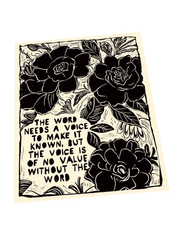 The Word needs a voice, floral illustration lino print, lino style art, bold, simple, monochromatic, black ink