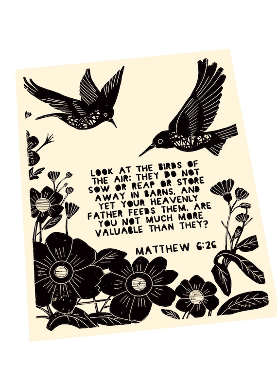 Look at the birds of the air, Matthew 6:26, Scripture wall quote, living room sign, bible verse, linocut style decor, unique art, minimalist
