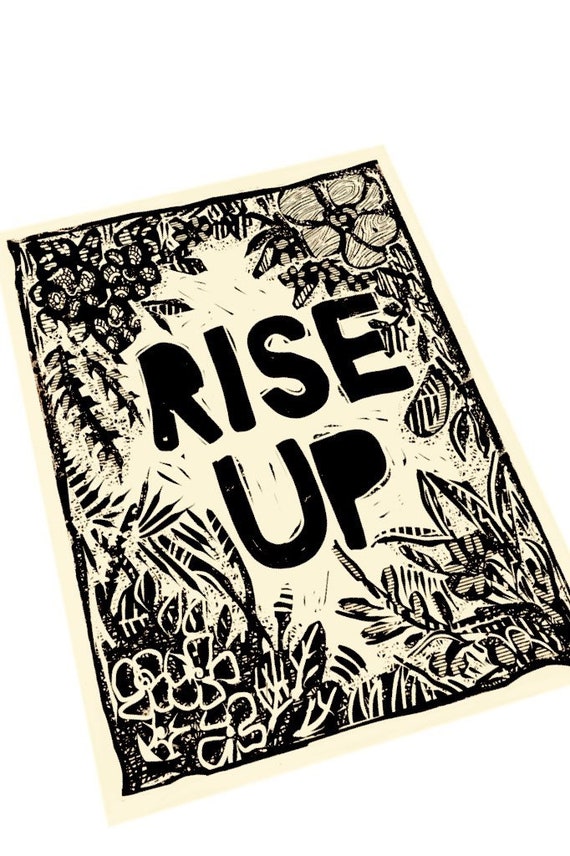 Rise up, floral Lino style illusration,,  block style print, holding hands, together, activism, feminism, social justice, BLM, community
