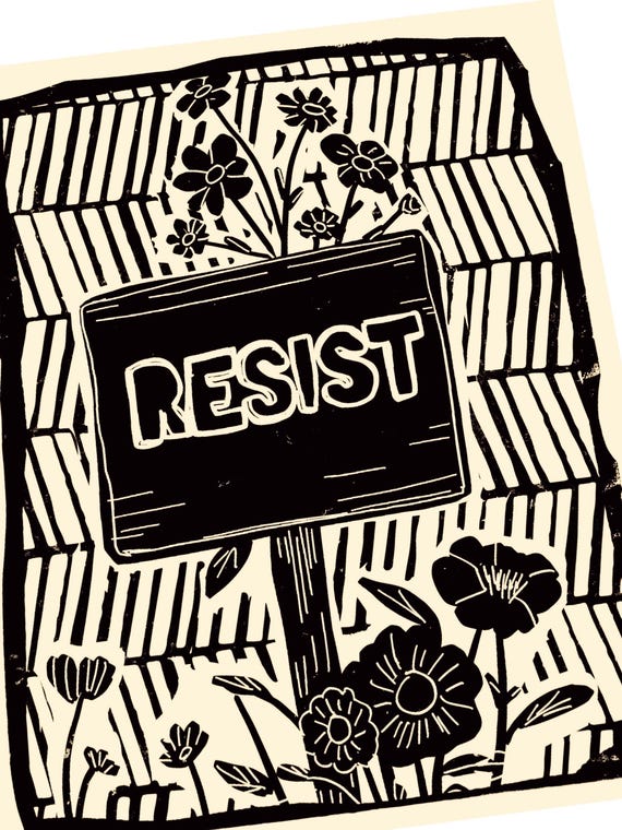 Resist, Resistance Lino style illusration,,  block style print, holding hand sign, together, activism, feminism, social justice, BLM, poster