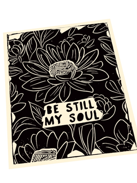 Be still my soul, floral illustration lino print, lino style art, bold, simple, monochromatic, black ink