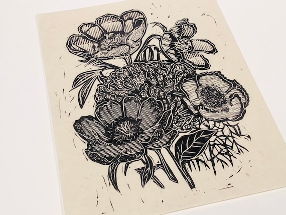 Wildflowers, floral bouquet, Lino print, handmade linoleum block print, relief print. Floral block print,