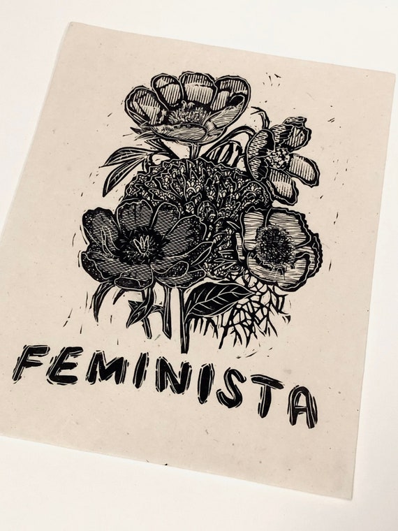 Feminista print, art for change, feminist, feminism, grl pwr, Lino print, handmade linoleum block print, relief print. Floral block print,