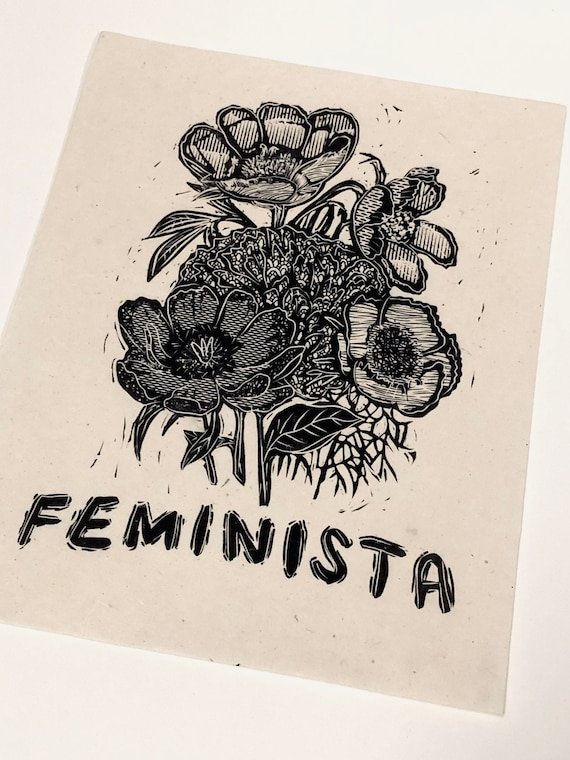 Feminista print, art for change, feminist, feminism, grl pwr, Lino print, handmade linoleum block print, relief print. Floral block print,