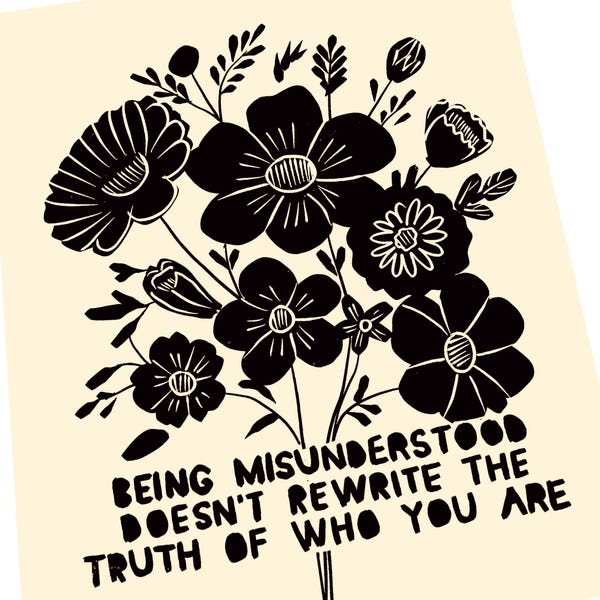 Die Wahrheit wer du bist, Linoldruck, missverstanden, florale Posterkunst. Therapie ,Positive Affirmation Worte zum leben.
