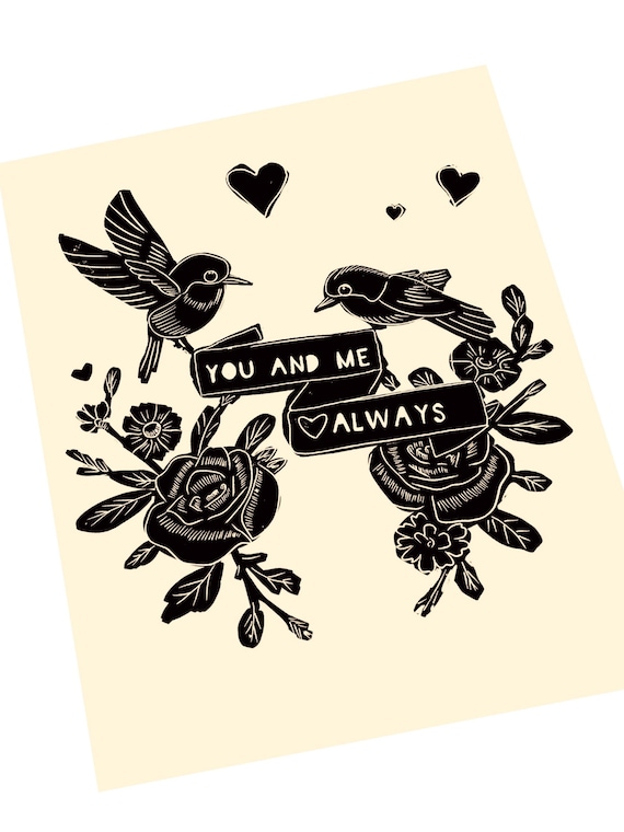 You and me always, Lino print, handmade heart linoleum block print, relief print, love, minimalist, black and white, birds and scrolls
