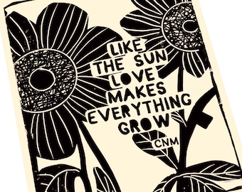 Liefde doet alles groeien, Linoprint, handgemaakte blokprint, reliëfprint, liefdescitaten, minimalistisch, zwart-wit, Bloemenblokprint