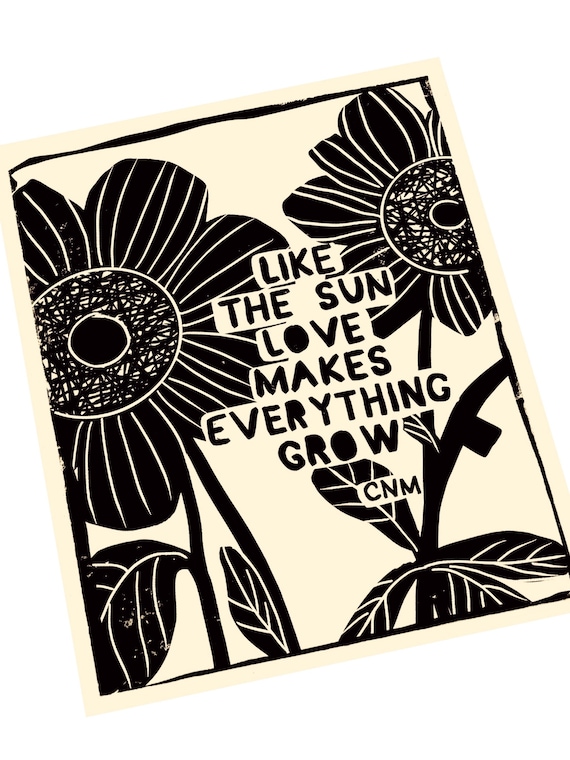 Love makes everything grow, Lino print, handmade block print, relief print, love quotes, minimalist, black and white, Floral block print