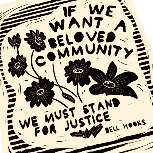 Beloved Community , Bell hooks quote. Lino style illusration, office print, Black authors, leaders, famous AfricanAmerican scholars