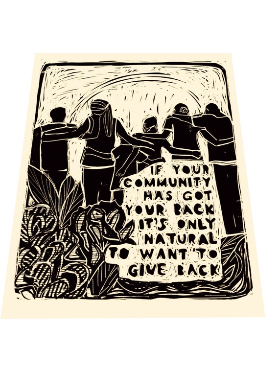 Community, give back Lino style illustration,  block style print, holding hands, together, minimalist print, go together, floral linocut