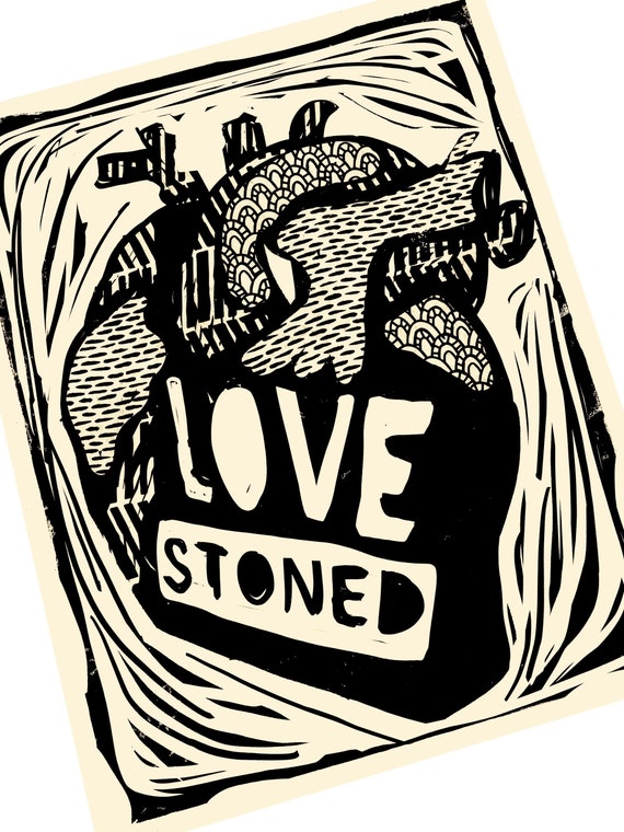 Love stoned, anatomical heart, valentine’s Day print, be kind, Lino style illustration, block style print, minimalist, heart.song lyrics.