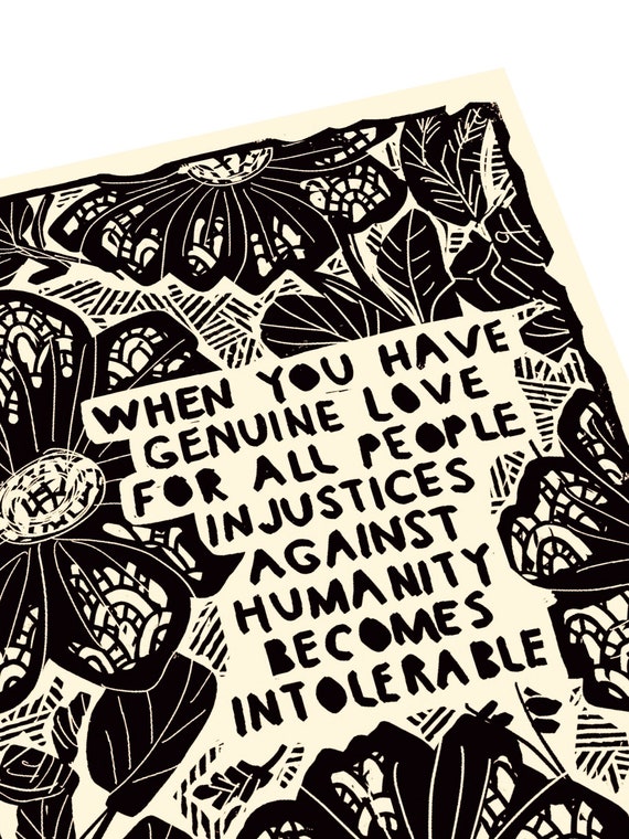 Genuine love for all print, floral illustration. Community, Lino illustration, block style print, simple monochromatic, flowers