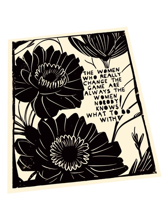 The women who change the game, lino style print, floral art, monochromatic illustration