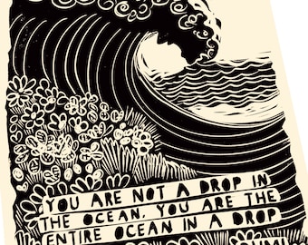 Rumi Quote Print Wall Art Poster, You are not a drop in the ocean, Wall Art, Inspirational poem , Lino style illustration, linocut, waves