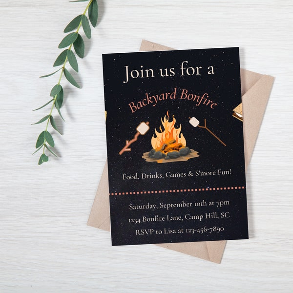 Backyard Bonfire Invitation, Birthday, Baby Shower, Engagement Party, Digital Download, Editable,