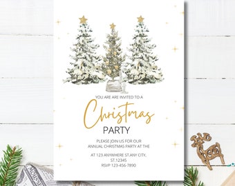 Könnte beinhalten: Eine Weihnachtsparty-Einladung mit drei Aquarell-Weihnachtsbäumen, die mit goldenen Sternen gekrönt sind. Der Einladungstext lautet: "YOU ARE INVITED TO A Christmas PARTY" mit Veranstaltungsdetails darunter. Goldene Sternakzente sind auf der Einladung verstreut.