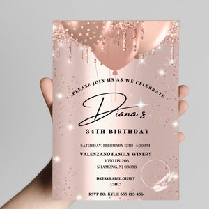 Rose Gold Glitter Invitation, Editable and personalized digital download, canva Template