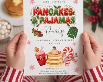 Pancakes and Pajamas Party Invitation, Editable Christmas Birthday (Digital Download)