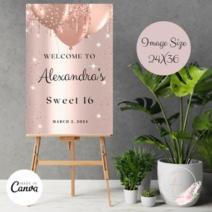 Rose Gold Glitter Welcome Sign, Editable and personalized digital download, canva Template