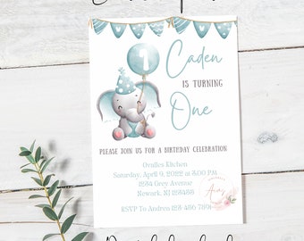 Elephant 1st Birthday Invitation Boy – Printable, Editable (Digital Download)