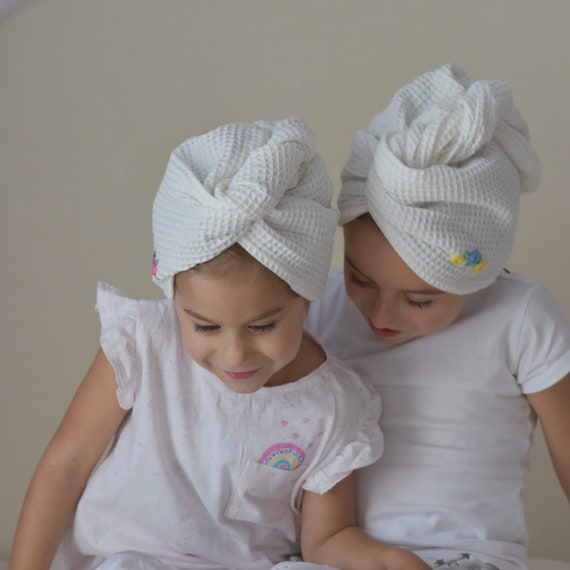 Kinder-Waffelturban für die Haare mit handgestickter Verzierung | 100 % Baumwolle | Handtuch nach dem Baden