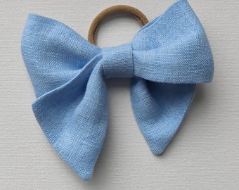 Leinen Haarschleife, Handgebundener Haarschleifen Stil, Geschenk für sie, Geschenk für Taufe, Blaue Haarschleife