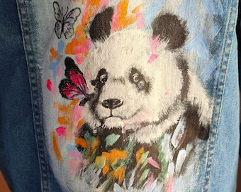 Einzigartige bemalte Jeansjacke für Kinder – Panda Motiv