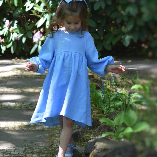 Blaues Leinenkleid, Kleid lange Ärmel, Baby Leinen Kleidung, Rosa Mädchen Leinenkleid, Taufkleid, Sommer Kleid