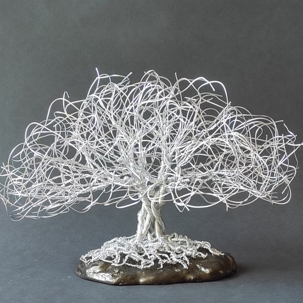 Twisted Aluminium Art Wire Tree Sculpture of Wind Willow on a plaster base/ Anniversary, Birthday Gift