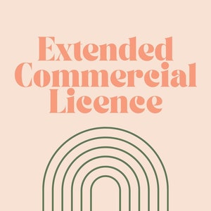 May include: A peach background with the text "Extended Commercial Licence" in a peach font. Below the text is a graphic of five green arches.