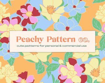 Può includere: Uno schema senza cuciture che presenta una varietà di fiori in tonalità di giallo, rosa, rosso e blu su uno sfondo pesca e azzurro. Il testo "Peachy Pattern Co. cute patterns for personal & commercial use" è visualizzato al centro dell'immagine.
