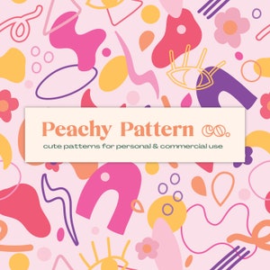 May include: A pink background with a repeating pattern of abstract shapes, eyes, and flowers. The text "Peachy Pattern Co." is in the center of the image with the text "cute patterns for personal & commercial use" below it.