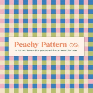 May include: A vibrant pattern design with a grid of squares in light pink, blue, green, and beige. The text "Peachy Pattern CO." is displayed on a white rectangular banner, with the tagline "cute patterns for personal & commercial use."