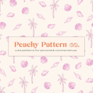 Può includere: Uno schema senza cuciture con palme rosa e conchiglie su uno sfondo beige chiaro. Il testo "Peachy Pattern Co. cute patterns for personal & commercial use" è visualizzato in un banner nella parte inferiore dell'immagine.